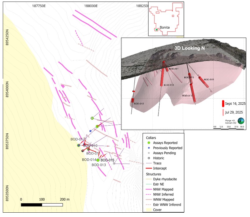 Highlander Silver Reports Results of Step-Out Drilling at Bonita: 24.8m at 7.43 g/t Au and 16.45 g/t Ag; 40.4m at 3.42 g/t Au and 16.93 g/t Ag